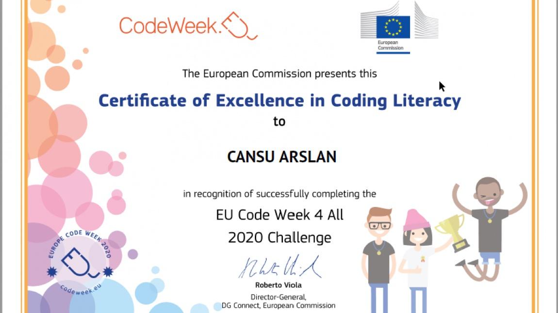Dr.Math projesinde EU Codeweek haftasındaki kodlama faaliyetleri sonucunda Mükemmellik Sertifikası aldık.